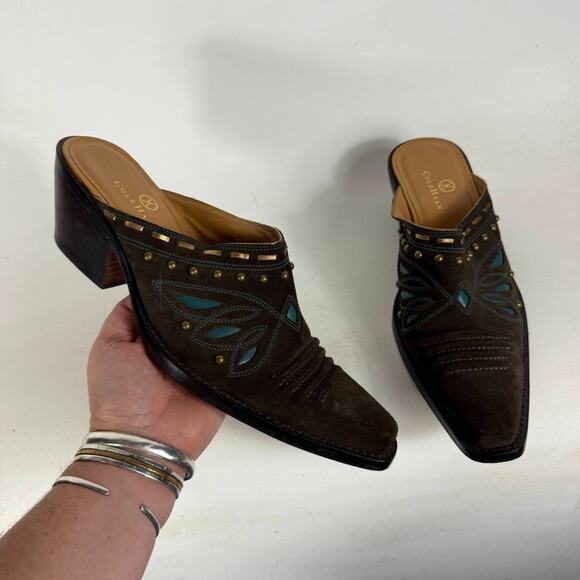 Cole Haan Western Mule Women's 8.5 Brown Suede Slip-On Block Heel Square Toe - Picture 1 of 10